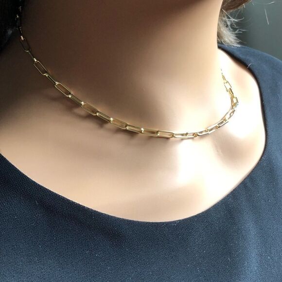 14k Gold Rectangle Link Toggle Choker Necklace - Picture 6 of 10